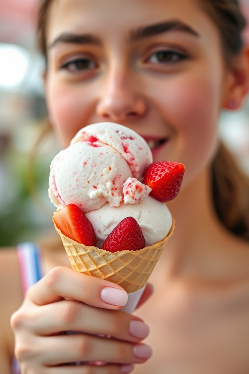 A close-up shot of a young woman holding a double scoop of strawberry ice cream in a cone, shot with a Canon EOS R5, 50mm lens, f/1.8 aperture, ISO 100, natural lighting, vibrant colors, soft focus background to enhance the subject.
