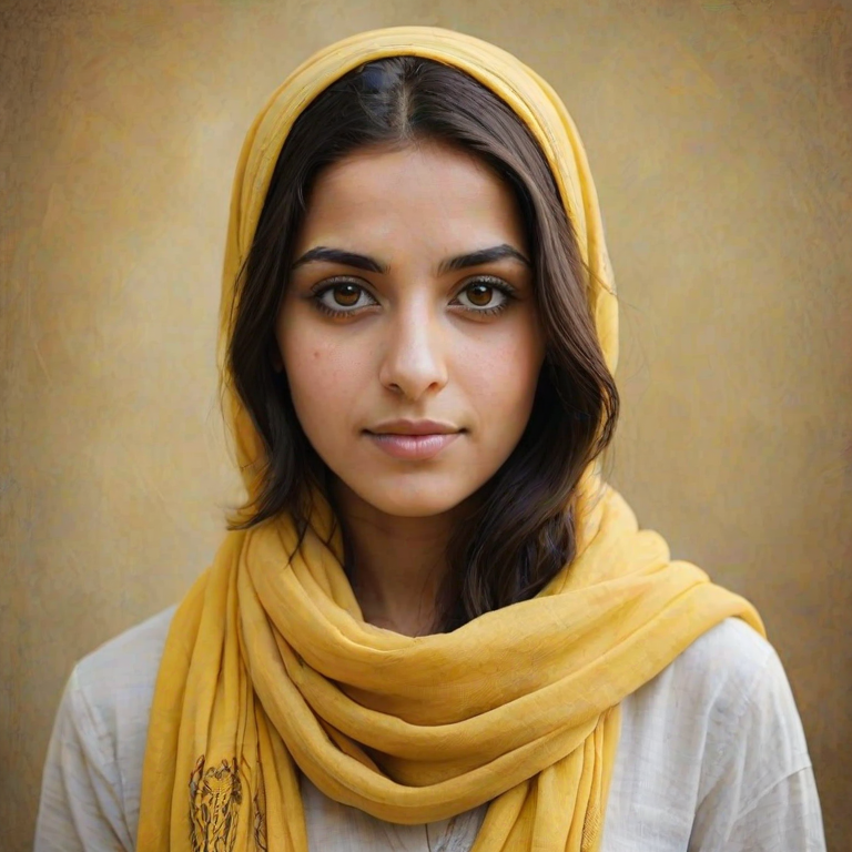 Create a portrait of a young Coptic woman with long, dark hair and captivating hazel eyes. She is wearing a Yellow headscarf and a matching scarf draped gracefully around her neck. The background is softly blurred, focusing attention on her serene and natural expression. The overall color palette is muted and warm, enhancing the intimate and authentic feel of the portrait.
