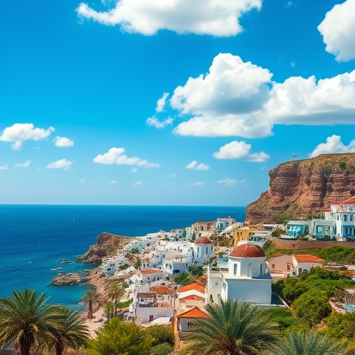 Generate a high-resolution image of a coastal village with white buildings and a rocky cliff in the background, bright blue sky with fluffy clouds, captured with a DSLR camera at 24mm, f/11, ISO 100, using a wide-angle lens for a vibrant landscape perspective.