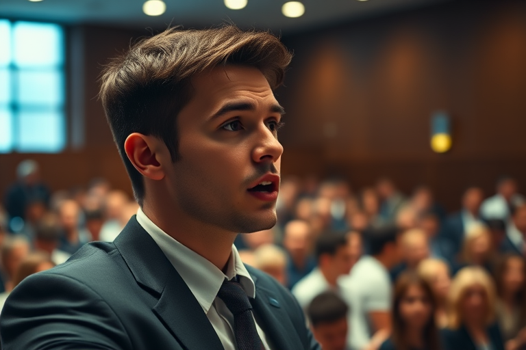 A confident young lawyer delivering a passionate speech in a courtroom filled with attentive witnesses, intense focus on his expression, dramatic lighting highlighting the scene, shot with a Canon EOS R5, 50mm lens, f/1.8 aperture, ISO 200, shallow depth of field, cinematic style.