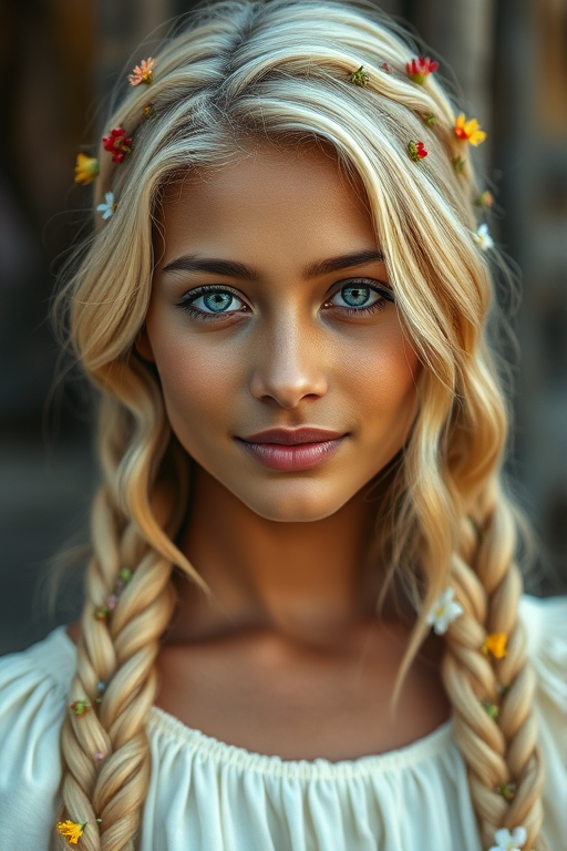 Create an image of a young Garifuna woman with long, wavy blonde hair, adorned with small, colorful flowers woven into her braids and loose strands. Her complexion is fair, with soft, glowing skin, and she has light blue eyes that gaze softly at the viewer. She wears a light, flowing dress with a gentle, ethereal quality, complementing her delicate and serene appearance. The background is slightly blurred, drawing focus to her tranquil expression and the intricate details of the flowers in her hair. The overall mood of the image is one of natural beauty and grace, evoking a sense of peacefulness and connection with nature.