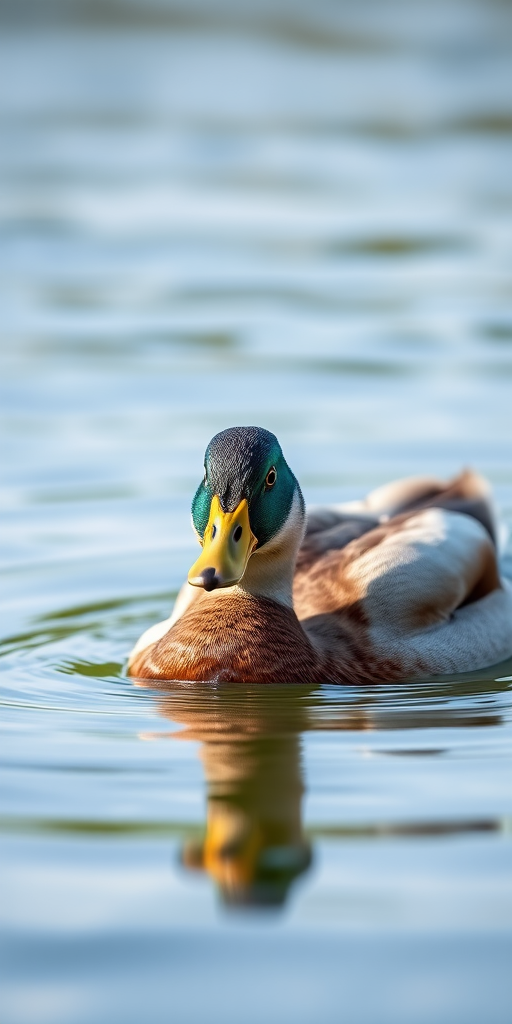 close-up of a duck swimming in calm water, natural light, aperture f/2.8, shutter speed 1/200s, ISO 100, DSLR camera, shallow depth of field, 100mm macro lens, vibrant colors