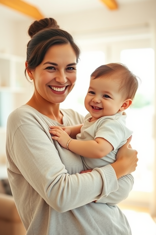 Regenerate a vintage-style image of a smiling mother holding her laughing baby in a bright, inviting indoor setting with soft natural light, using a Canon EOS 5D Mark IV, 50mm lens, f/1.8 aperture, ISO 200, 1/125 shutter speed, shot from eye level to capture warmth and detail.