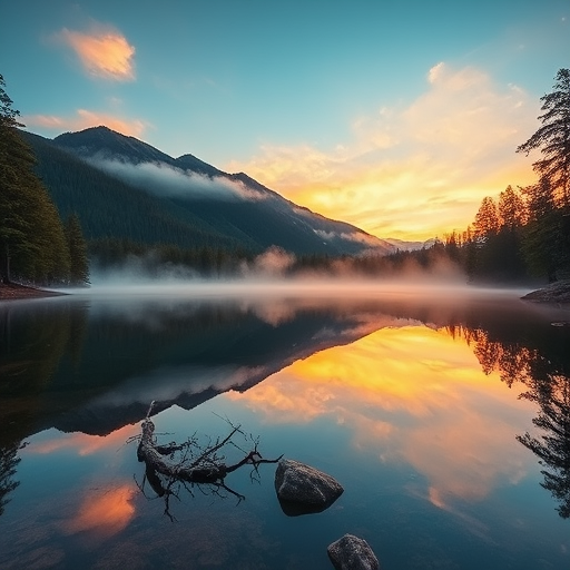 Generate a vibrant landscape image of a serene mountain lake at sunrise with mist rising from the water, using a DSLR camera with a 24mm lens, aperture f/8, ISO 100, shutter speed 1/125s, shot from a low angle perspective to emphasize the foreground reflections and surrounding trees.