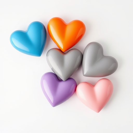 Create a high-resolution image of five glossy hearts in different colors (blue, orange, gray, purple, and pink) with a white background, using a DSLR camera with a 50mm lens, f/2.8 aperture, and 1/200s shutter speed, captured from a top-down view in a soft light setting.