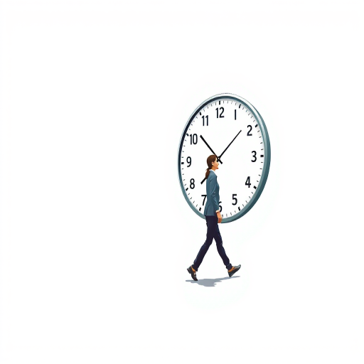 A surreal illustration of a person walking, with a large clock as their body, minimalistic white background, high contrast, camera settings: f/2.8, ISO 100, shutter speed 1/500, camera view: eye-level, camera style: clean and modern, camera type: DSLR.