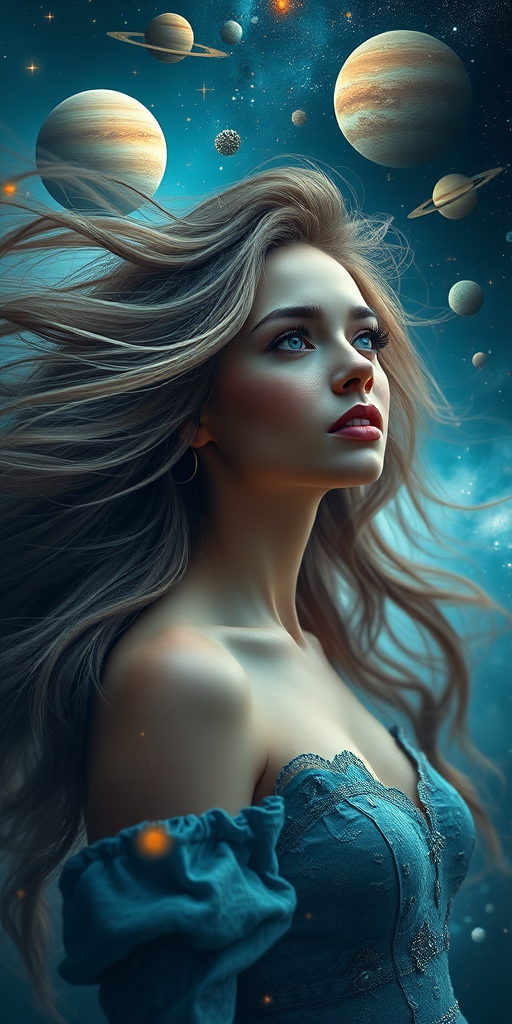 Create a stunning portrait of a cosmic woman with flowing hair surrounded by planets and galaxies, using a Canon EOS R5, 50mm lens, f/1.8 aperture, ISO 100, and a soft focus style for ethereal quality.