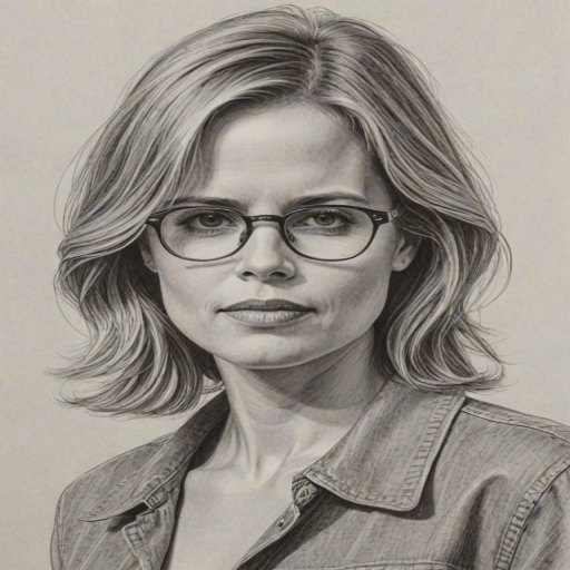 Comely Kim Dickens, pencil sketch, portrait of Comely woman 1979s in glasses, hair style beatnik, outline, clear lines, fine lines, 8k