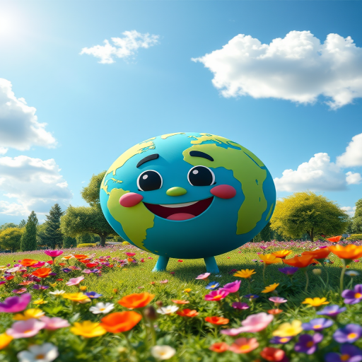 Generate a vibrant cartoon landscape featuring a happy Earth character with a smile, surrounded by colorful flowers and green trees under a bright blue sky with fluffy white clouds, using a Canon EOS R5 camera with a 50mm lens, aperture f/2.8, ISO 100, and a wide-angle view for enhanced image quality.