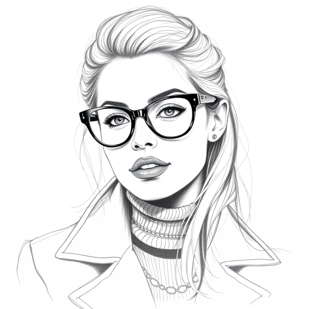 Beautiful Margot Robbie, pencil sketch, portrait of beautiful woman 60s in glasses, hair style beatnik, outline, clear lines, fine lines, 8k