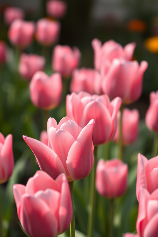 close-up of pink tulips in a garden with a shallow depth of field, f/1.8, 50mm lens, ISO 100, natural light, soft focus, Canon DSLR
