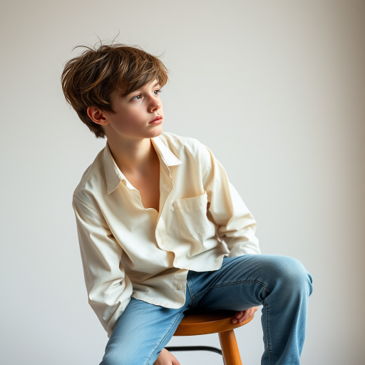 Regenerate the image of a young person with tousled hair sitting on a stool, wearing a light shirt and jeans, in a minimalist style; use a DSLR camera with a 50mm lens, f/1.8 aperture, ISO 100, and a soft natural light view from the left to enhance image quality.