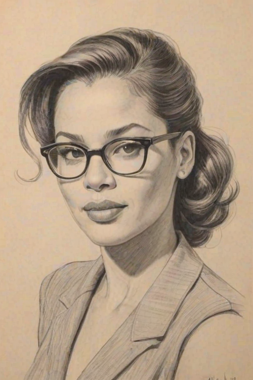 Fascinating Michael Michele, pencil sketch, portrait of Fetching woman 1946s in glasses, hair style beatnik, outline, clear lines, fine lines, 8k
