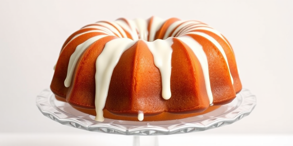 A beautifully glazed bundt cake with a golden brown exterior and white icing drizzled over the top displayed on an elegant cake stand against a simple light background.