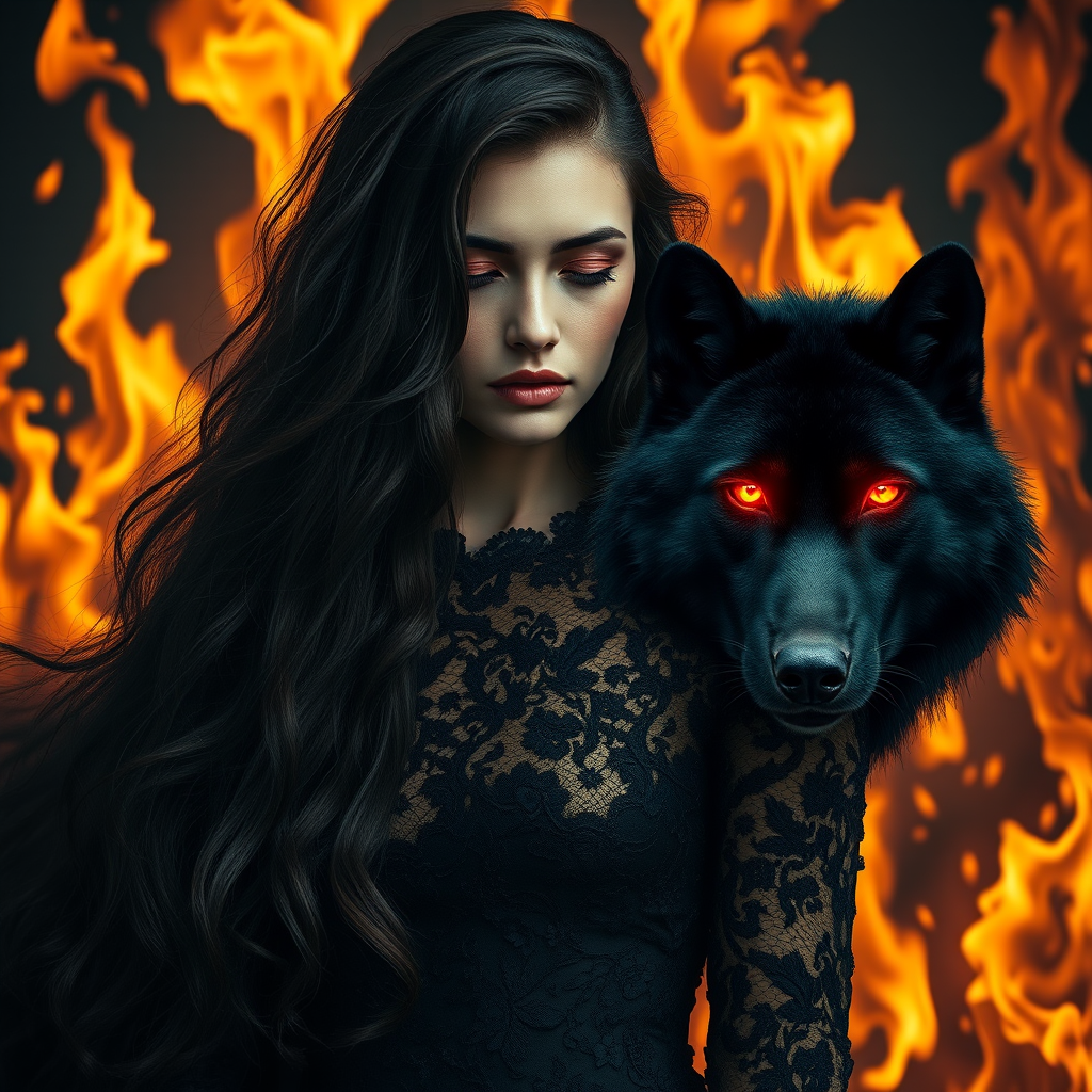 A woman with long dark hair, wearing a black lace dress that seamlessly blends into her skin with intricate floral patterns. She is in the foreground, with a black wolf beside her; its fur is midnight black, and it has glowing, intense, orange eyes that match hers. Her eyes are partially closed with burning embers above them, giving a fiery and mystical aura. The background is engulfed in tall, roaring flames, contributing to an overall dark and supernatural atmosphere. The colors are intense, predominantly black, fiery orange, and deep reds, with sharp contrast highlighting the mysterious and fierce theme. The flames are bright and dynamic, casting dramatic light and shadow, illuminating the woman and wolf while leaving parts in near darkness. The image evokes a sense of otherworldly power and connection between the woman and the wolf.