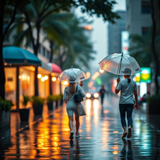 Generate a high-resolution image of a couple walking under transparent umbrellas in the rain at dusk, with vibrant colors and soft lighting, using a DSLR camera with a 50mm lens, aperture set to f/2.8, ISO 400, and a shallow depth of field to enhance background blur.