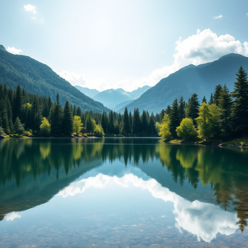 Generate an image of a serene landscape with a tranquil lake, surrounded by lush trees and mountains in the background, taken with a DSLR camera at ISO 100, f/8 aperture, 1/250 sec shutter speed, in landscape view, using a wide-angle lens for depth and clarity.