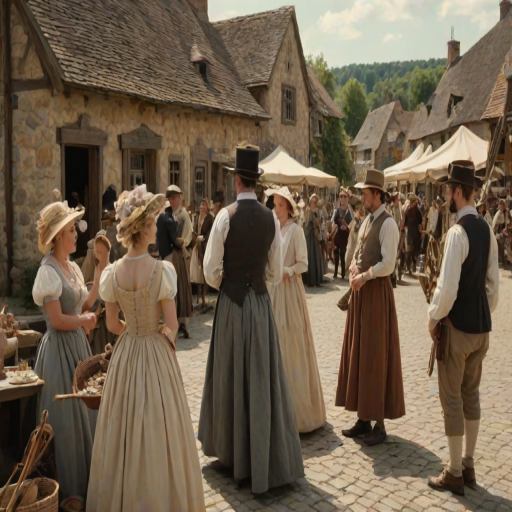 Historical reenactment, featuring men and women dressed in period clothing, engaging in lively conversation and traditional crafts at a picturesque village square, with vintage decorations surrounding them.