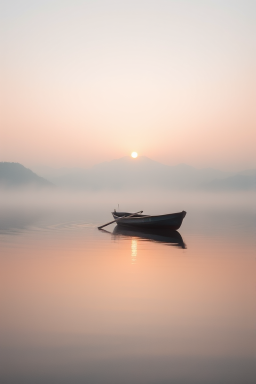 Softly focused photo of a lone rowboat drifting on a mist-covered lake at dawn, soft light from the rising sun illuminating the water, with distant mountains barely visible through the haze.