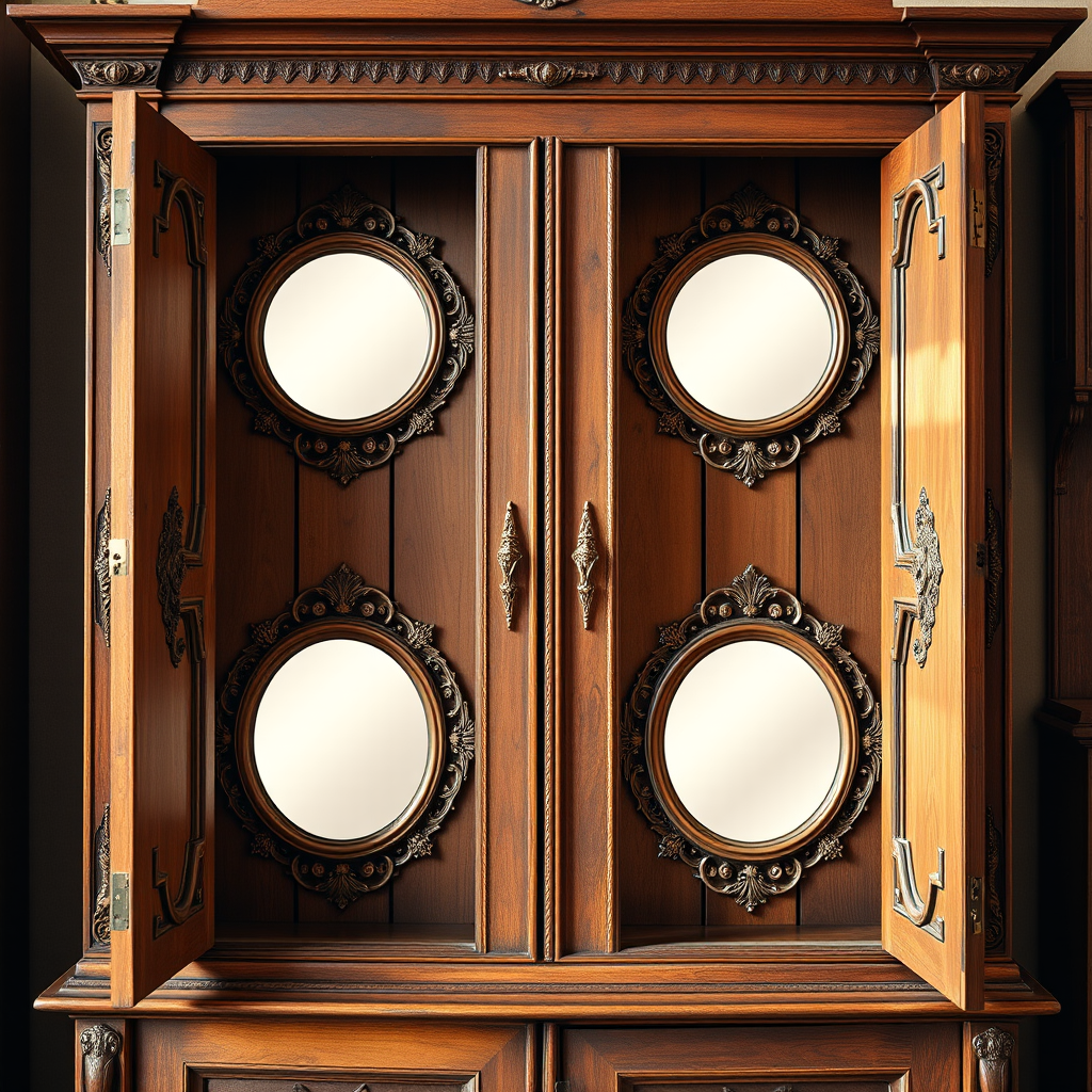 Create a detailed vintage wooden cabinet with an open design featuring ornate carvings, two circular mirrors on each door, soft lighting, 50mm lens, f/2.8 aperture, ISO 100, and a warm color tone for a cozy ambiance.