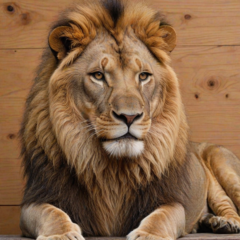 photorealism. a lion, sitting, doing duck face with its lips. plain wood panel bg