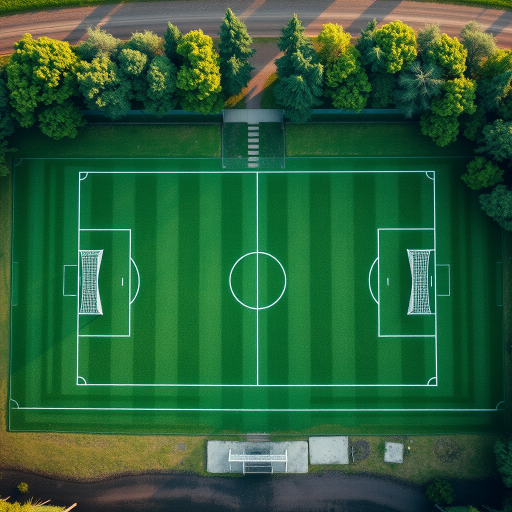 aerial view of a well-maintained soccer field with vibrant green grass, clear white markings, two goalposts at each end, and surrounded by trees, shot with a DSLR camera at f/8, ISO 100, 1/200 sec, using a wide-angle lens for a crisp, high-resolution image