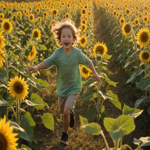 Blurry shot of a child running through a sunflower field, arms outstretched, the vibrant yellow petals and soft green leaves swirling in motion, with soft golden sunlight streaming from behind.