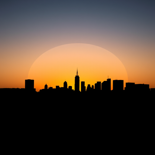 Generate a detailed skyline silhouette in a circular layout, high resolution, with a wide-angle view, f/8 aperture, ISO 100, and a tripodal setup for stability.