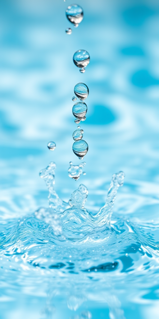 Capture a close-up shot of water droplets splashing in a crystal-clear pool, with a soft-focus background, using a DSLR camera, f/2.8 aperture, ISO 100, and a shutter speed of 1/1000s to freeze the motion, ensuring vibrant colors and high detail in the water.