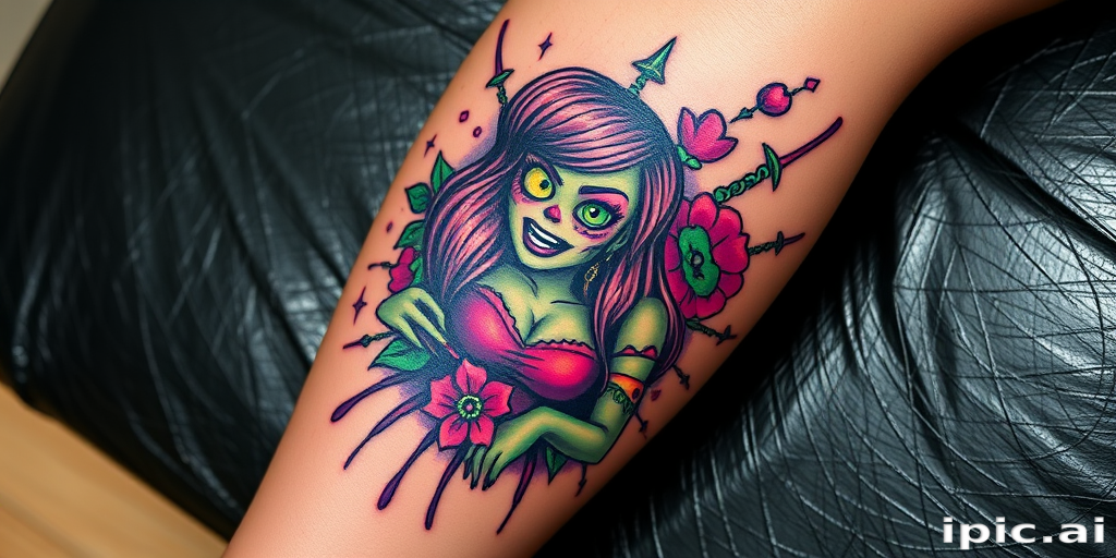 Vibrant new school tattoo on the shin, featuring a cartoonish zombie pinup girl surrounded by bold, exaggerated elements in electric green and purple
