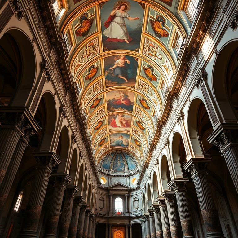 interior of a grand cathedral with a detailed painted ceiling and ornate columns, captured with a Canon EOS R5, 24mm lens, f/4 aperture, ISO 100, 1/60s shutter speed, wide-angle view for enhanced depth and clarity, natural lighting to emphasize colors and textures