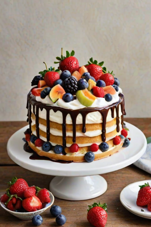 Create an image of a round cake covered in smooth white frosting. At the top, there is a waffle cone overflowing with a colorful assortment of fresh fruits, including strawberries, raspberries, blueberries, and figs. Chocolate ganache drips down the sides of the cake, adding a rich contrast to the white frosting. The setting is natural and rustic, with hints of greenery in the background.