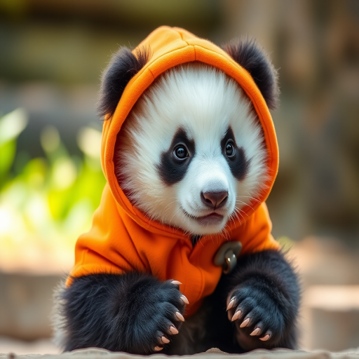 A cute panda cub wearing an orange hoodie, sitting in a relaxed pose, soft natural lighting, 50mm lens, f/2.8 aperture, 1/125 sec, ISO 200, shallow depth of field, captured with a DSLR camera.