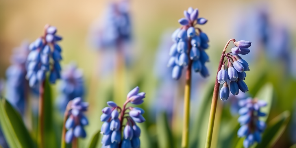 macro shot of blue grape hyacinth flowers with a soft background, aperture f/2.8, shutter speed 1/200 sec, ISO 100, 50mm lens, shallow depth of field, natural lighting