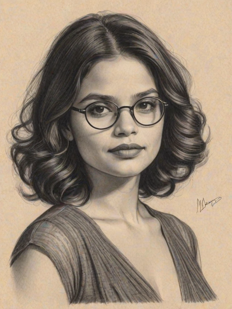 Magnificent Melonie Diaz, pencil sketch, portrait of Alluring woman 1930s in glasses, hair style beatnik, outline, clear lines, fine lines, 8k