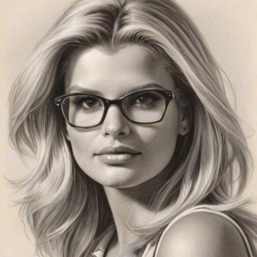 Gorgeous Jessica Simpson, pencil sketch, portrait of Beauteous woman 1959s in glasses, hair style beatnik, outline, clear lines, fine lines, 8k