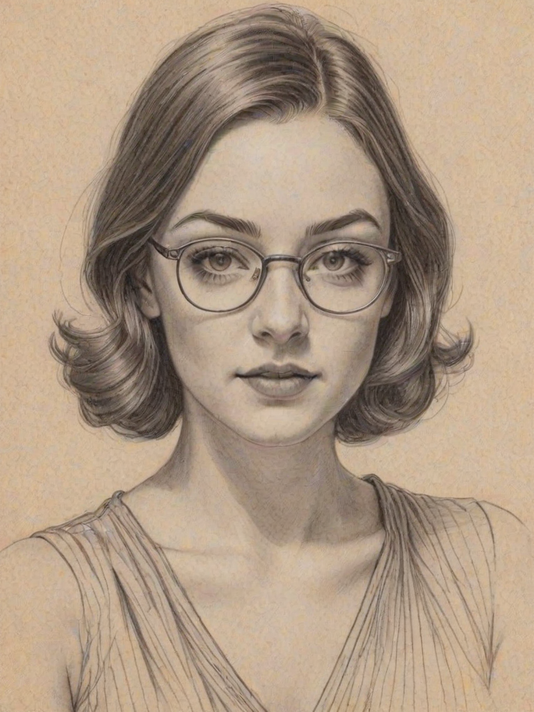 Alluring Violett Beane, pencil sketch, portrait of Radiant woman 1932s in glasses, hair style beatnik, outline, clear lines, fine lines, 8k