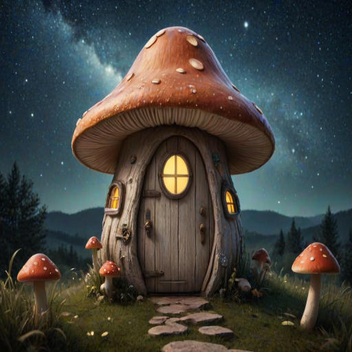 this photo is illustration of a mushroom house with a door and a window, a storybook , fantasy art, mushroom house, bg starry sky, sparkles