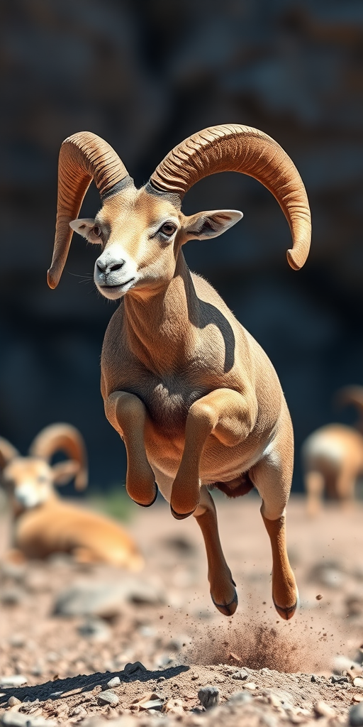 Create a detailed illustration of a leaping ram with prominent curved horns, captured with a DSLR camera at f/2.8, 1/1000 sec shutter speed, ISO 200, shot from a low angle perspective in natural light to enhance clarity and texture.