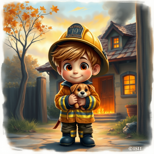airbrushed oil painting, pixar style, cute little boy in fireman gear, helmet, tousled hair, expressive eyes, standing in the doorstep of a cottage burning behind him, holding a cute little dog in his arm, atumn sky
