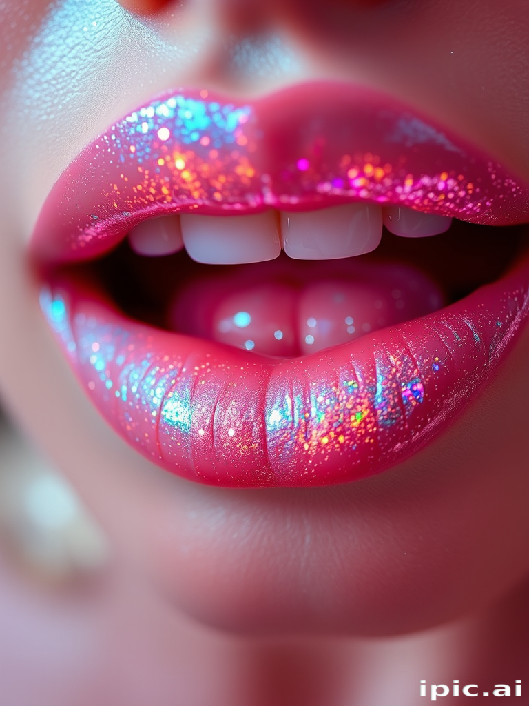 Ethereal "Moonbeam" holographic lip topper with opalescent shimmer, transforming any lip color with ethereal glow, adding magic to any look