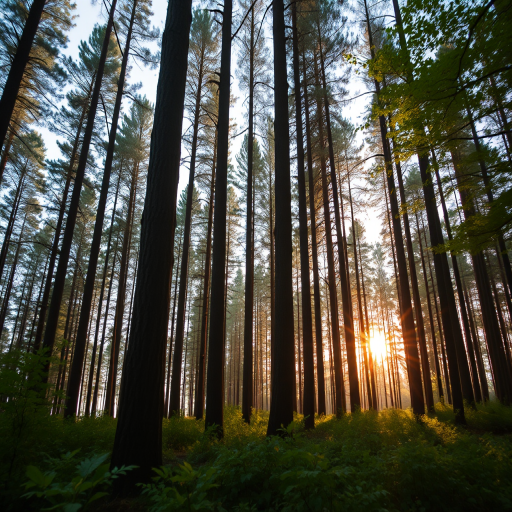 Generate a high-resolution image of a tranquil forest scene at dawn, with soft sunlight filtering through tall trees, using a DSLR camera with a 50mm lens, aperture set to f/1.8, ISO 100, and a low-angle view to capture the details of the forest floor and the vibrant foliage.