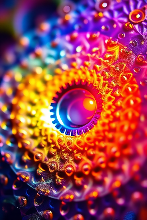 Create a vibrant fractal design with intricate circular patterns and glowing highlights, shot with a Canon EOS R5, 50mm lens, f/1.8 aperture, ISO 100, at a 1/125 sec shutter speed, with a macro perspective to enhance detail and depth.