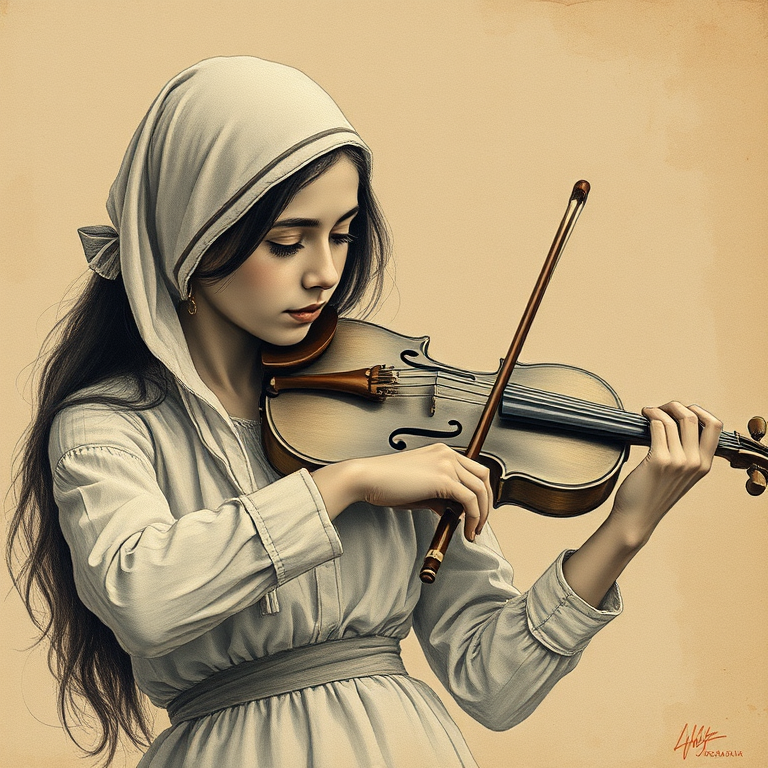 a young Turkish woman with a white headband playing a violin, in the style of a charcoal drawing, sepia grunge background