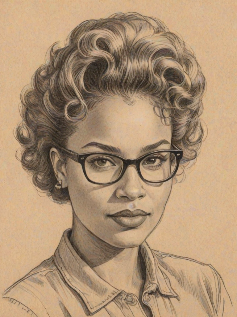 Bewitching Emmy Raver-Lampman, pencil sketch, portrait of Wonderful woman 1949s in glasses, hair style beatnik, outline, clear lines, fine lines, 8k