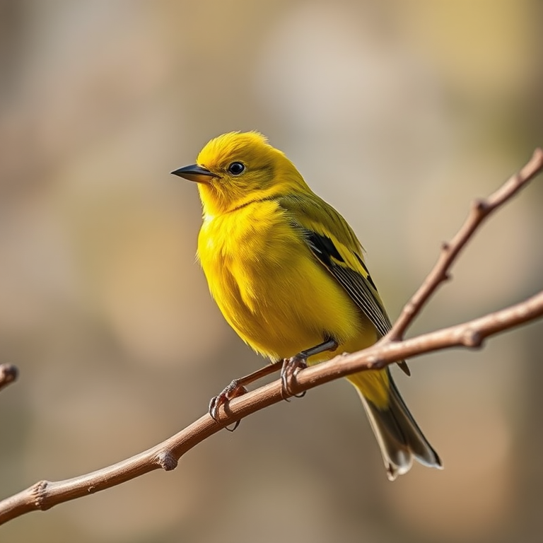 A vibrant yellow bird perched on a branch, captured with a DSLR camera, 85mm lens, f/4 aperture, ISO 200, natural lighting, shallow depth of field, focus on the bird with a blurred background.