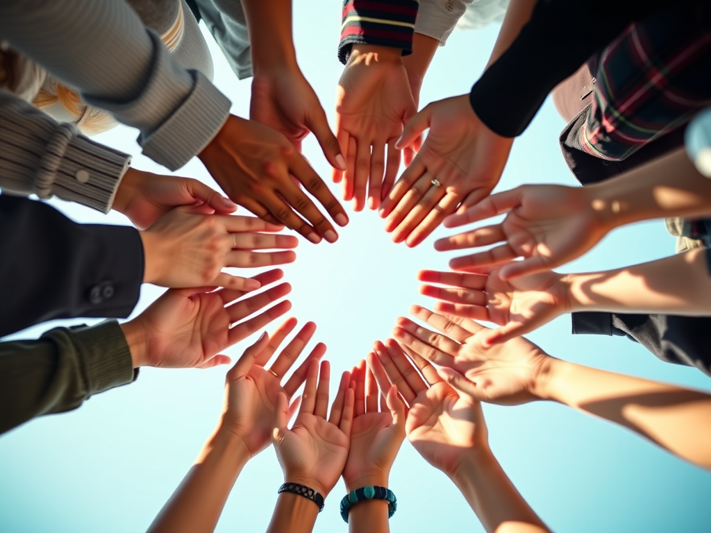 Create an image of diverse hands reaching towards the center in a circular formation, using a 50mm lens with f/2.8 aperture, soft natural lighting, top-down angle, and high-resolution digital format to enhance detail and clarity.