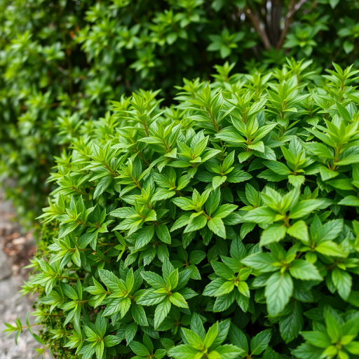 Regenerate a vibrant green bush with dense foliage, shot with a DSLR camera at f/4, ISO 100, 1/200s, using a 50mm lens from a slightly elevated angle in natural light to enhance details and textures.