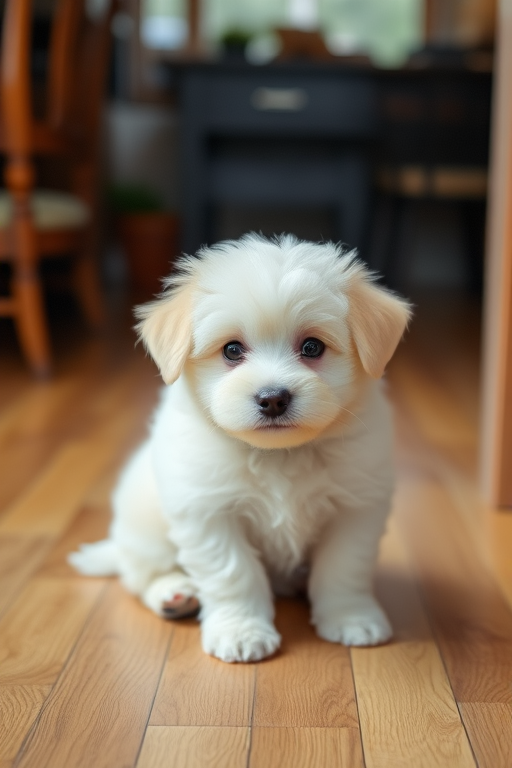 A fluffy white puppy sitting on a wooden floor with a curious expression and big black eyes in a cozy indoor environment