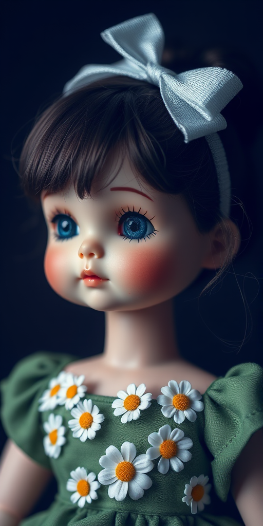Create a high-resolution image of a doll with soft facial features, wearing a green dress adorned with white daisies and a silver hair bow, captured in a studio setting using a DSLR camera with an aperture of f/2.8, ISO 100, and a focal length of 50mm, focusing on a shallow depth of field to enhance the details of the dress.